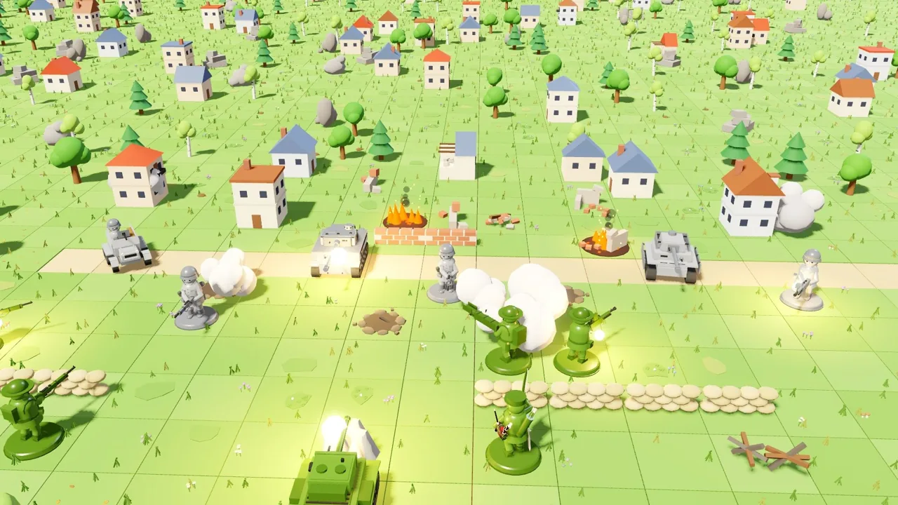 Grüne und graue Spielzeugsoldaten kämpfen vor einem Dorf, mit Panzern, Sandsäcken und Rauchwolken